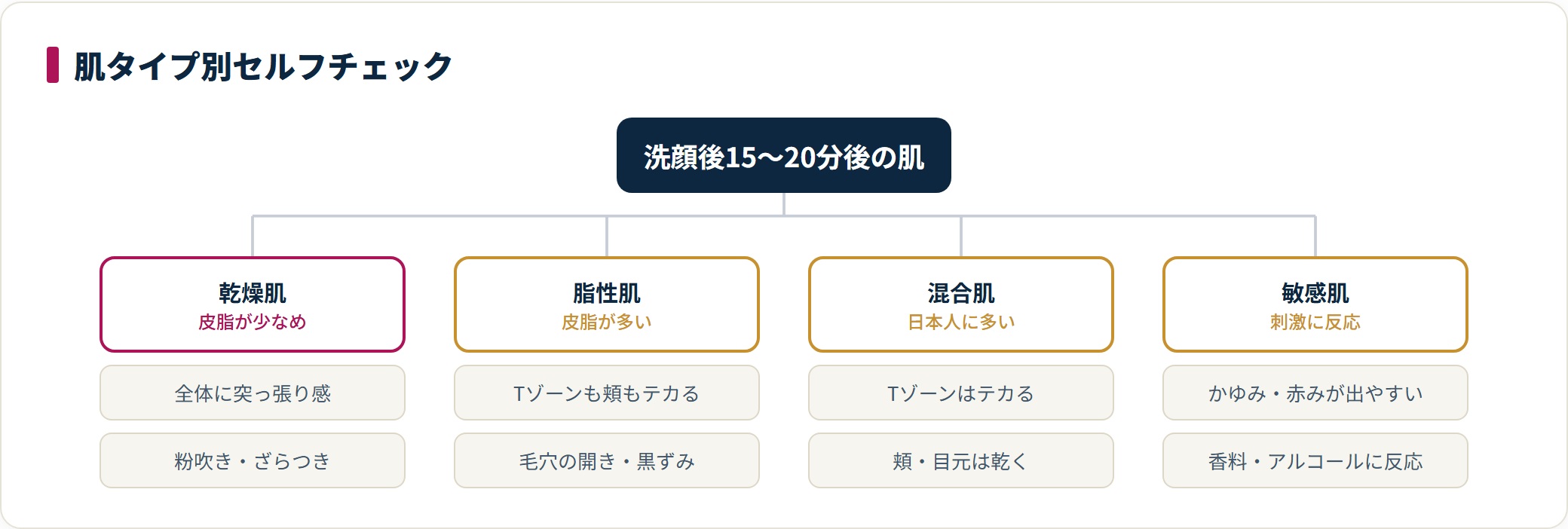 乾燥肌・脂性肌・混合肌・敏感肌の4タイプの特徴を分類した肌質セルフチェックの図。