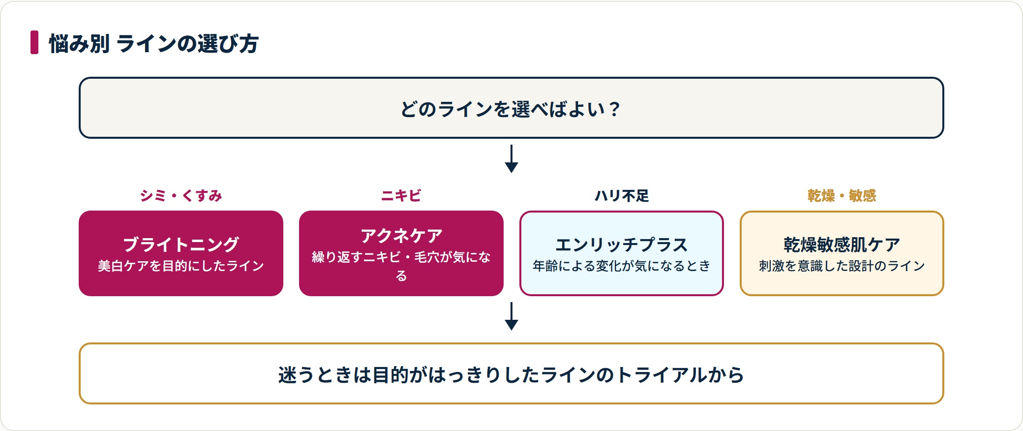 ファンケルのスキンケアラインを悩み別に整理した図。シミ・くすみ、ニキビ、ハリ不足、乾燥や敏感といった悩みを起点に選ぶ形で示している。
