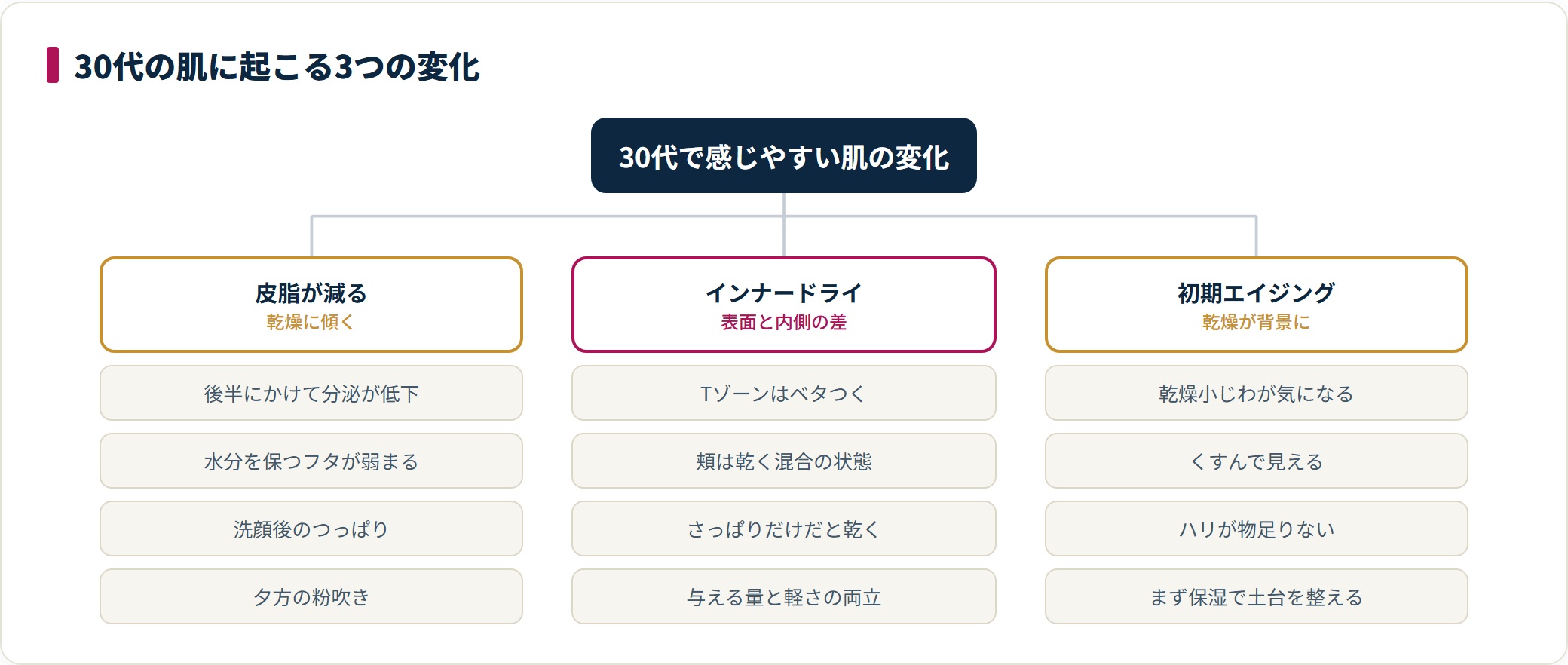 30代の肌に起こる3つの変化を整理したツリー図。皮脂の低下、インナードライ、初期のエイジングサインに分け、それぞれ現れやすい状態を示している。