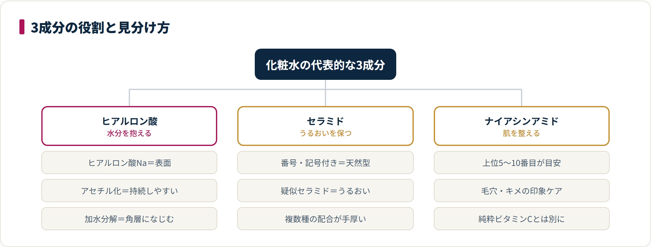 ヒアルロン酸・セラミド・ナイアシンアミドの3成分について、役割の違いと成分表示での見分け方を分類した図。
